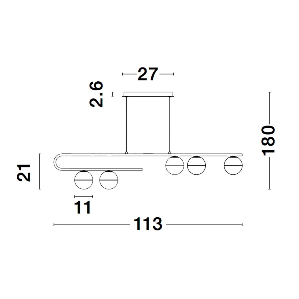Technische Zeichnung der Cantona Hängelampe, 5-flg., Messingfarben und Weiß, mit Maße in cm.