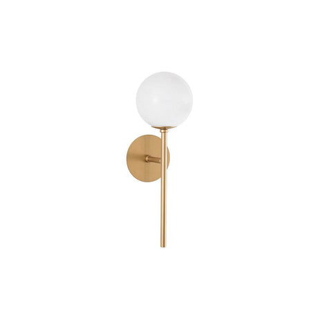 Cantona glass wall light brass, white on a wall, modern design with a white glass shade.
