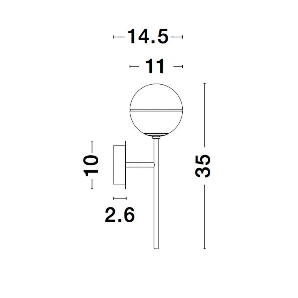 Technische Zeichnung der Cantona Glas-Wandlampe Messing, Weiß mit Abmessungen.
