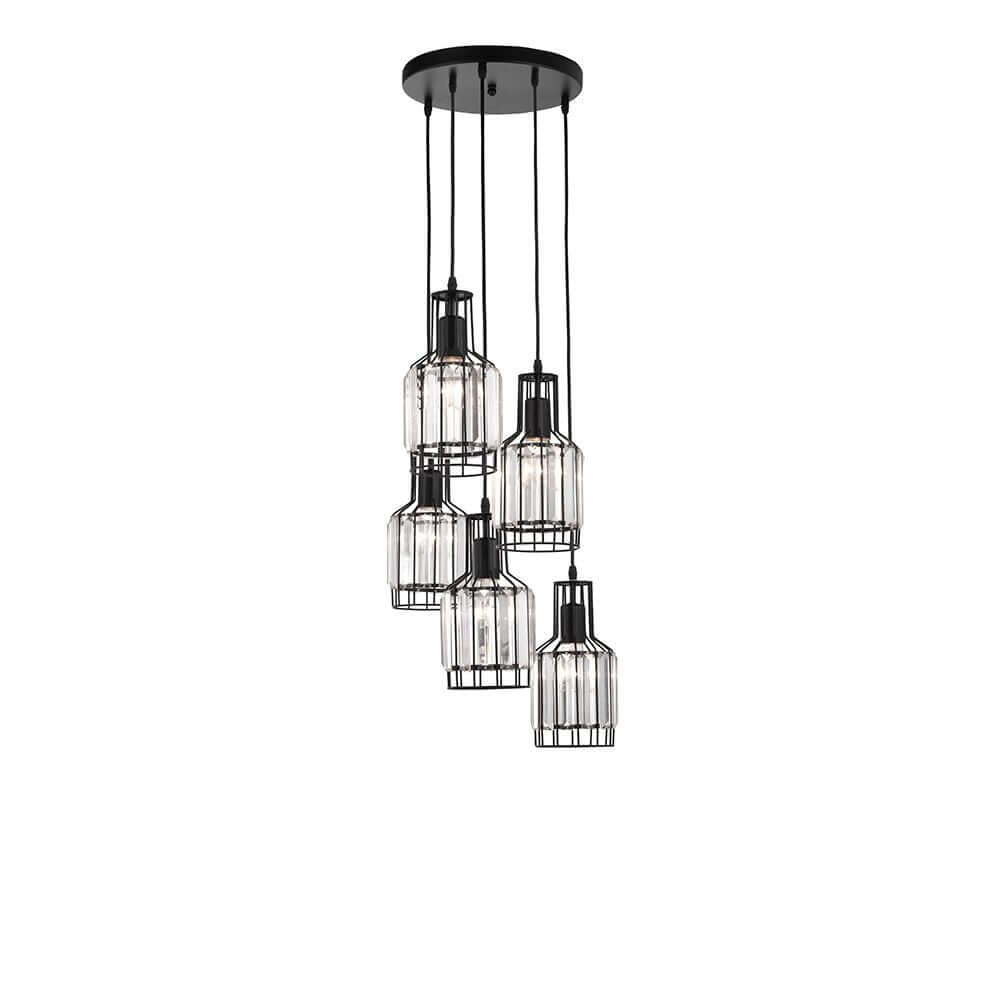 Carter Pendelleuchte 5-flg. Kristall Schwarz mit fünf hängenden Käfig-Schirmen im modernen Design.