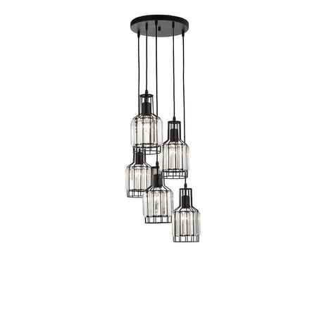Carter pendel 5-pære. Sort krystal med fem hængende burskærme i moderne design.