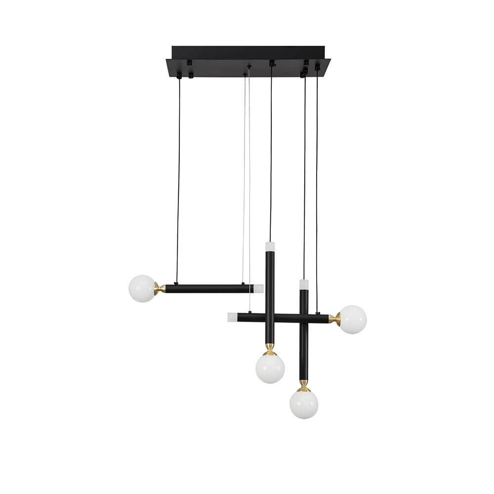 Cayo LED Hängelampe Schwarz mit modernen Aluminiumdetails und weißen Glasstücken.
