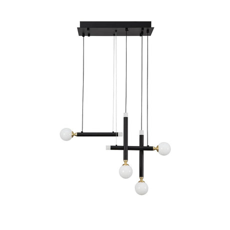 Cayo LED Hängelampe Schwarz mit modernen Aluminiumdetails und weißen Glasstücken.