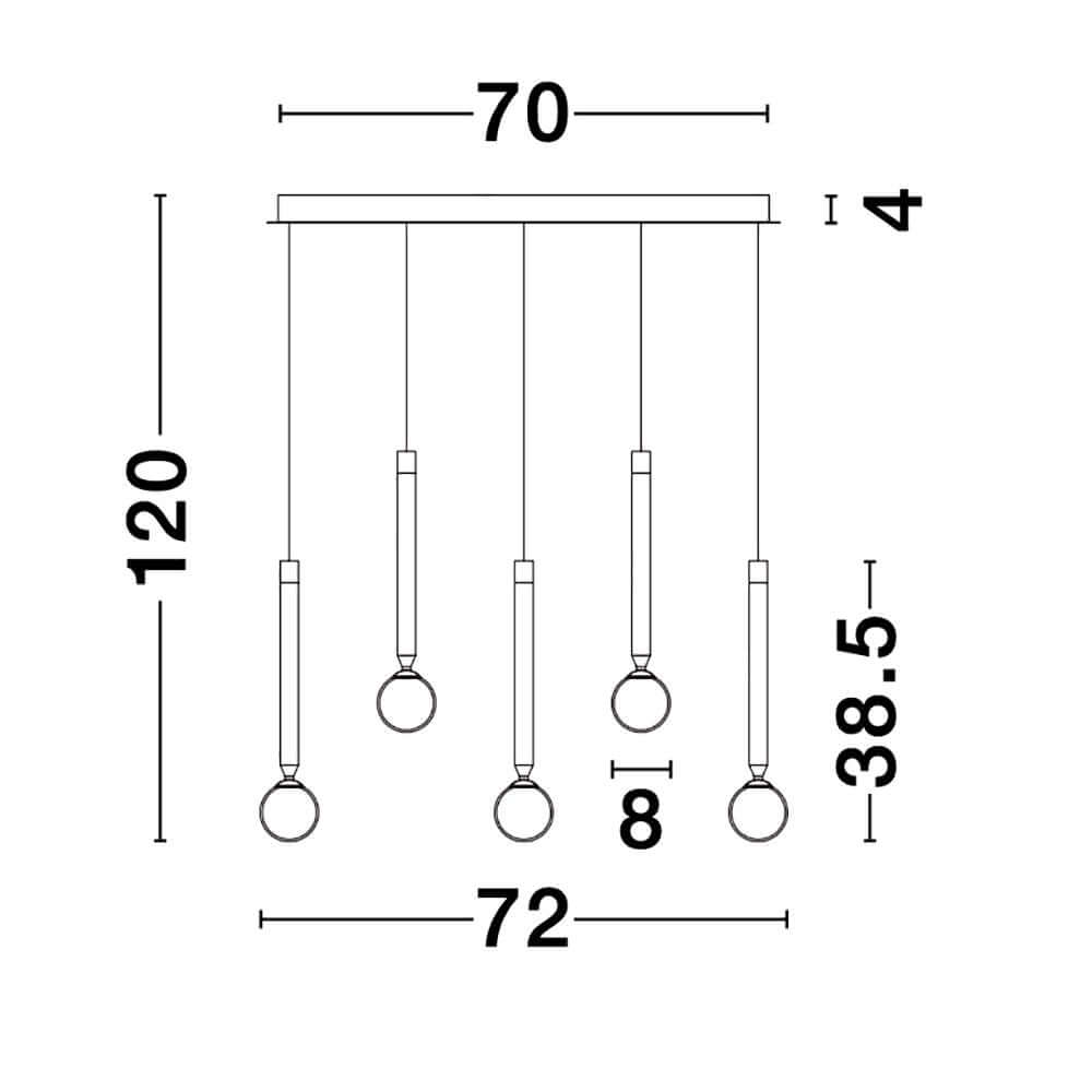 Cayo LED Pendelleuchte Schwarz technische Zeichnung mit Maßen 72x120 cm, 5 Pendel und Höhe 38,5 cm.