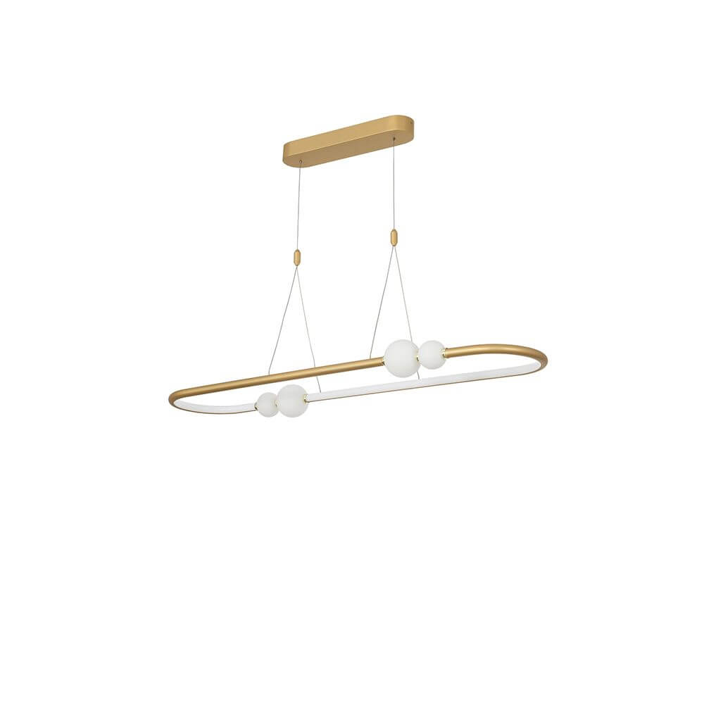 Celia LED Hängeleuchte 100cm mit modernem Design aus Aluminium und Glas, goldfarben und weiß.