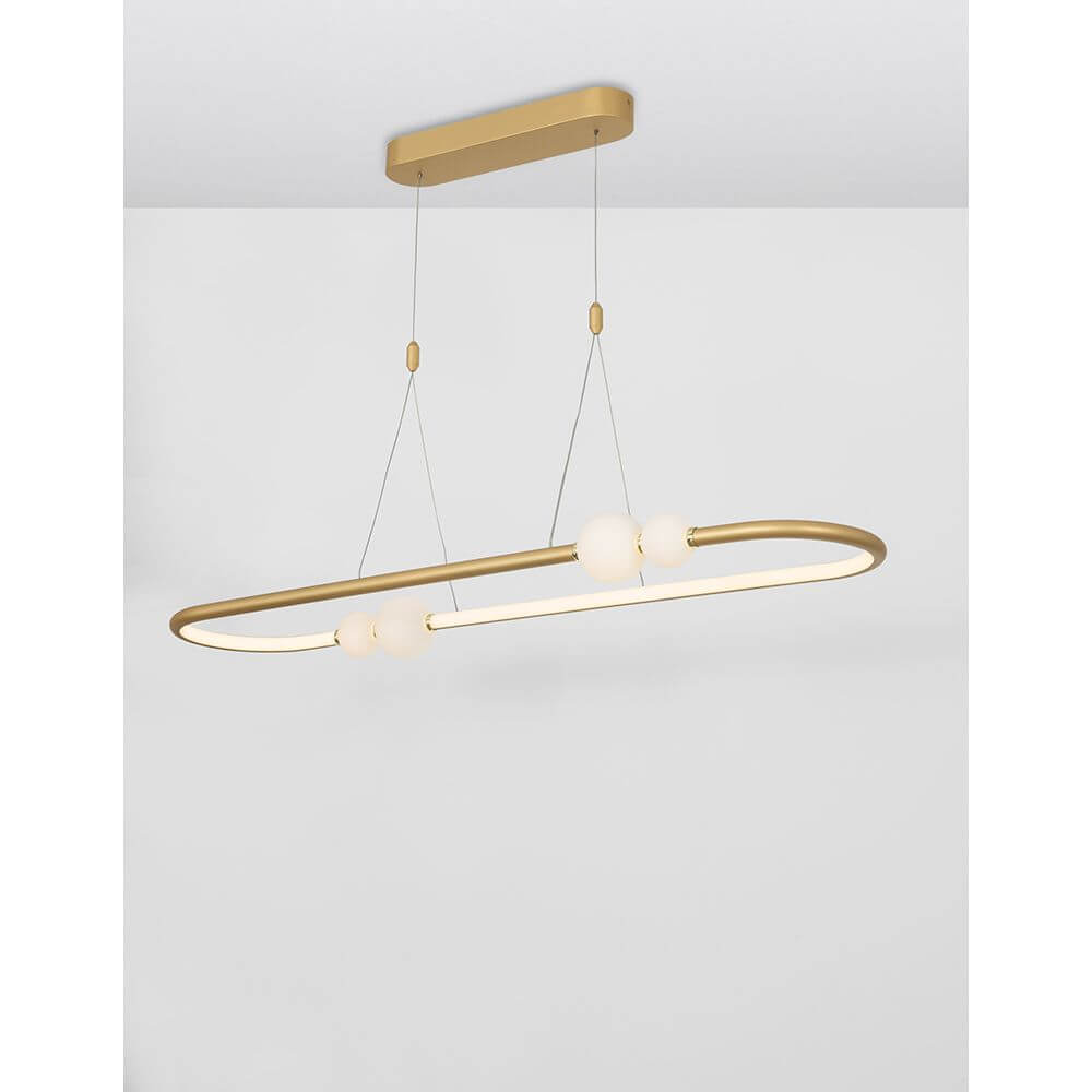 Celia LED Hängeleuchte 100cm in modernem Design mit goldenen Elementen und weißem Glas.