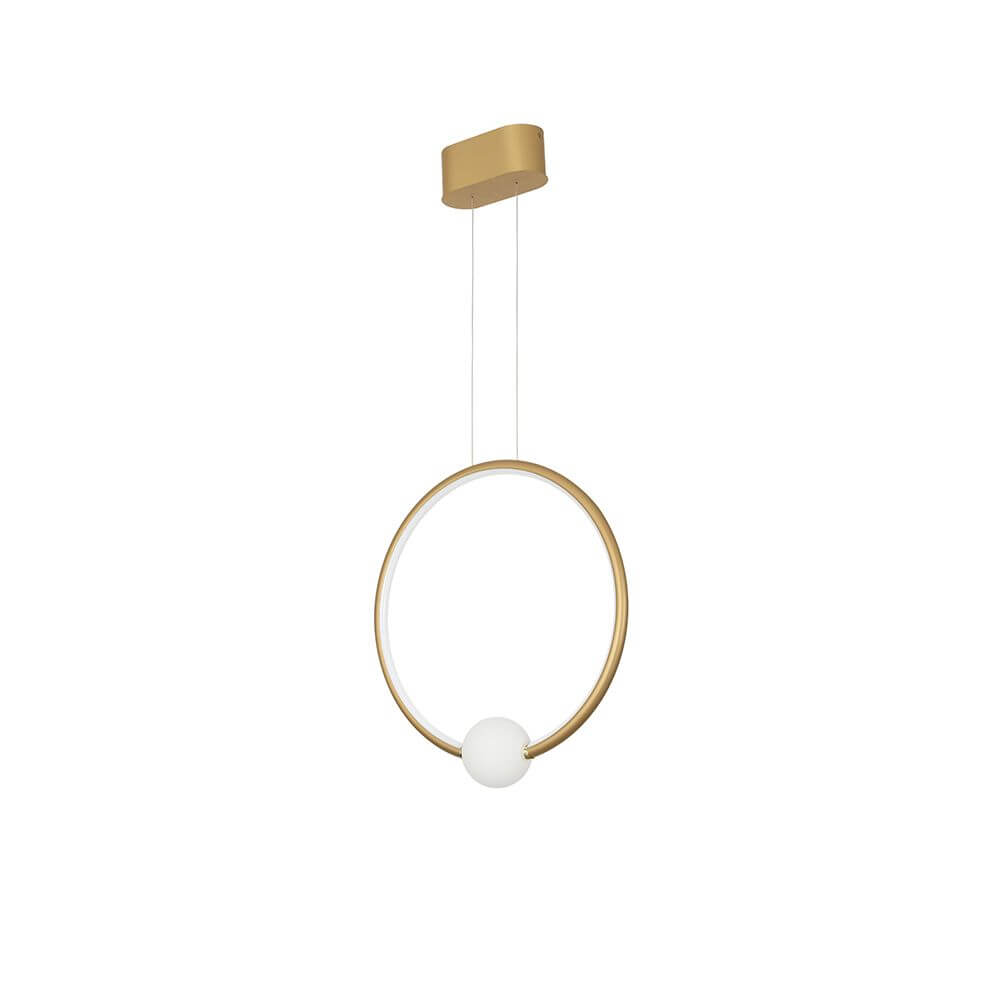 Celia LED Pendelleuchte Ø 43cm in modernem Design aus goldfarbenem Aluminium und weißem Glas.