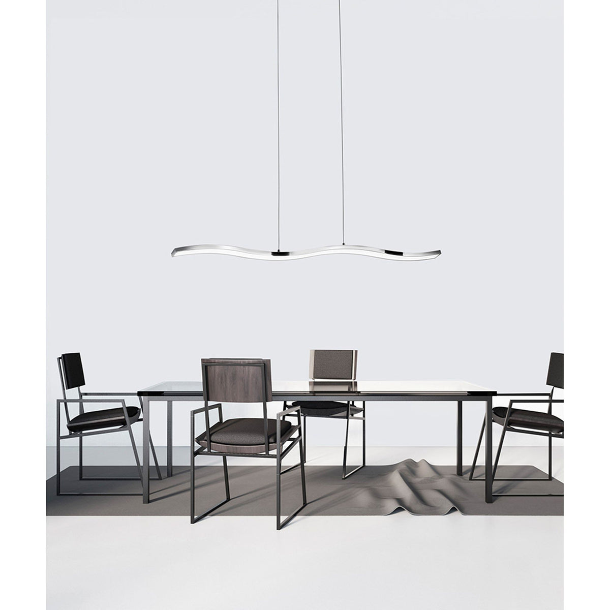 Nova Luce Cesena LED pendant light chrome, modern pendant lamp with curved metal shape above dining table