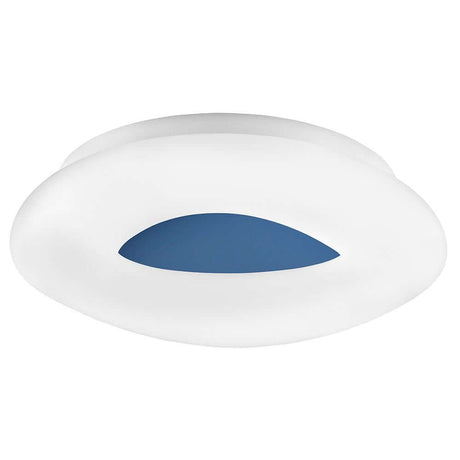 Cia LED acrylic ceiling light with a modern design and open shade in white with blue accents.