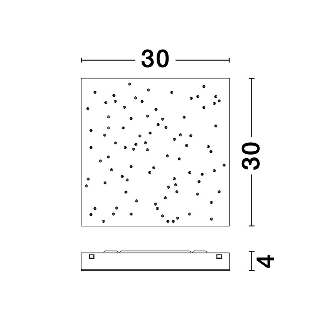 Maßzeichnung der Cielo LED-Sternenhimmel Deckenlampe, quadratisch mit 30x30 cm und 4 cm Höhe, modernes Design.