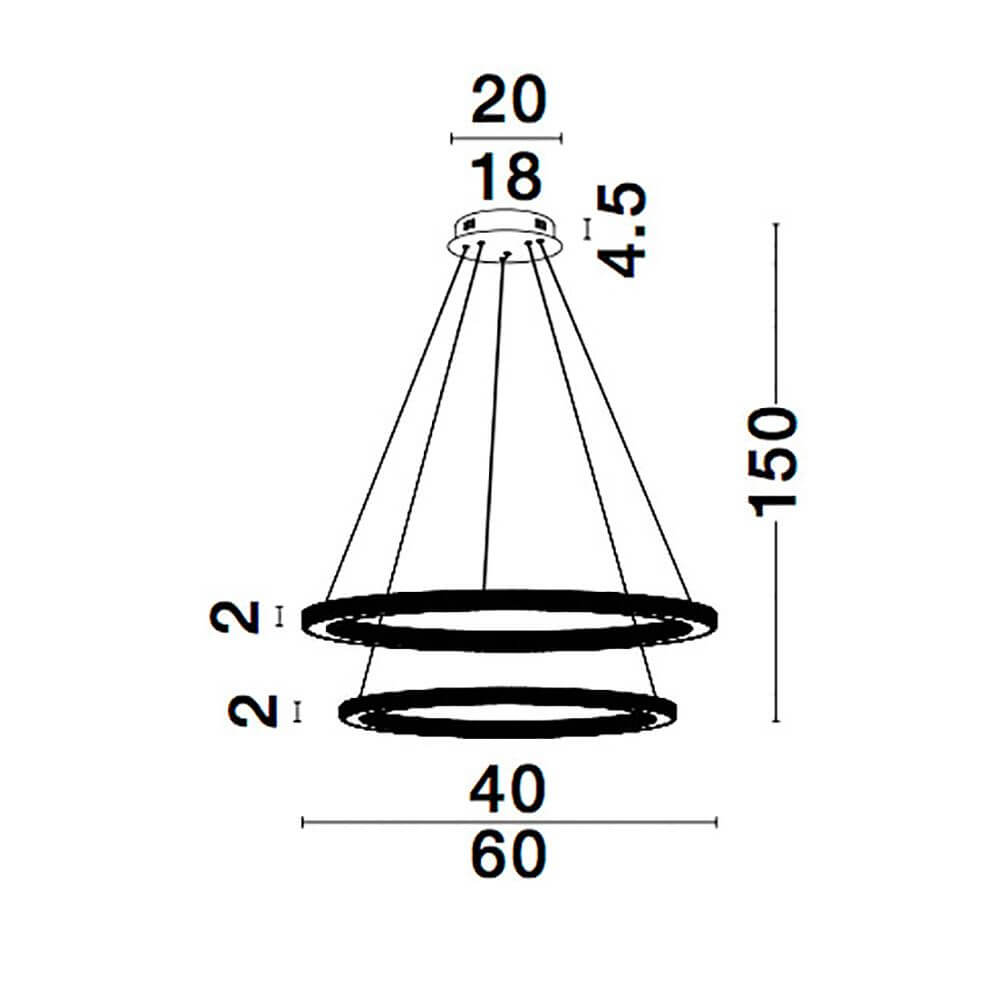 Maßzeichnung der Nova Luce Cilion LED Hängeleuchte Messing, Gold mit Abmessungen.