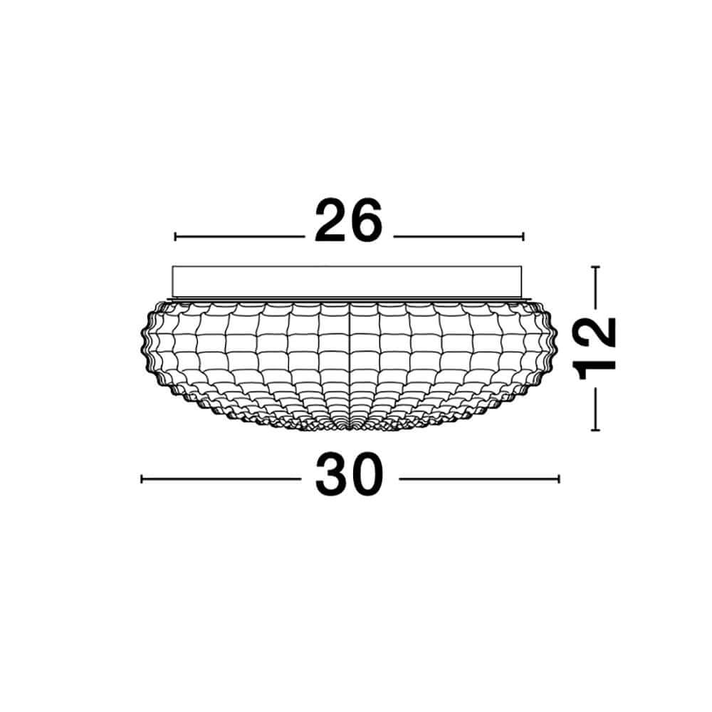 Maßzeichnung der Clam Bad Deckenlampe Glas mit 26 cm Breite und 12 cm Höhe, stilvolles Design.