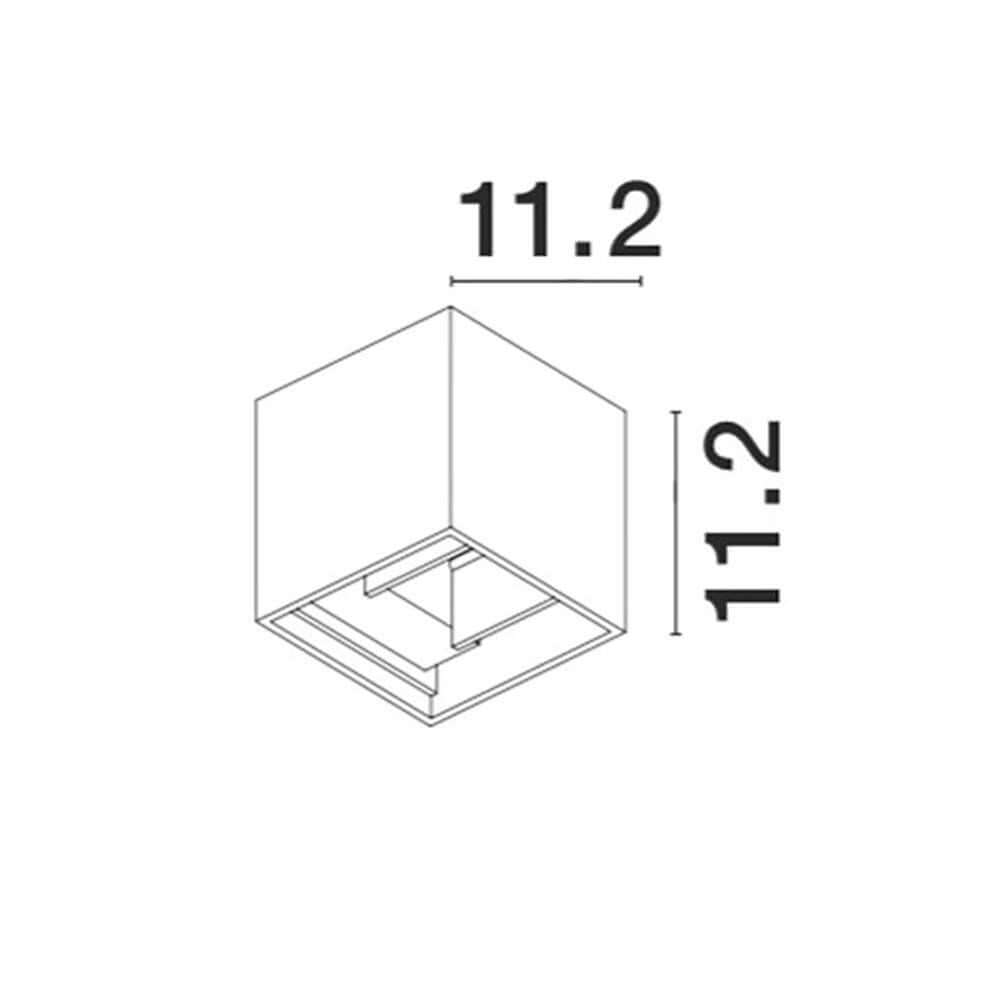 Como LED-Wandleuchte Braun: Maßzeichnung mit 11,2 cm x 11,2 cm.
