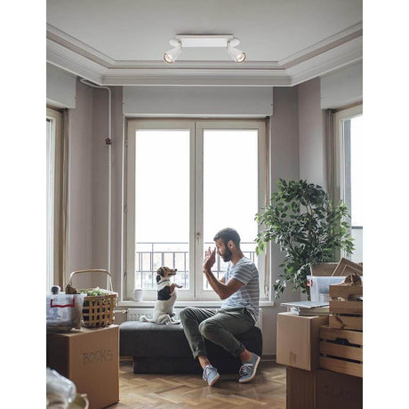 Cono spotlights med 2 lyskilder, hvit i moderne oppholdsrom med hund og lysfordeling
