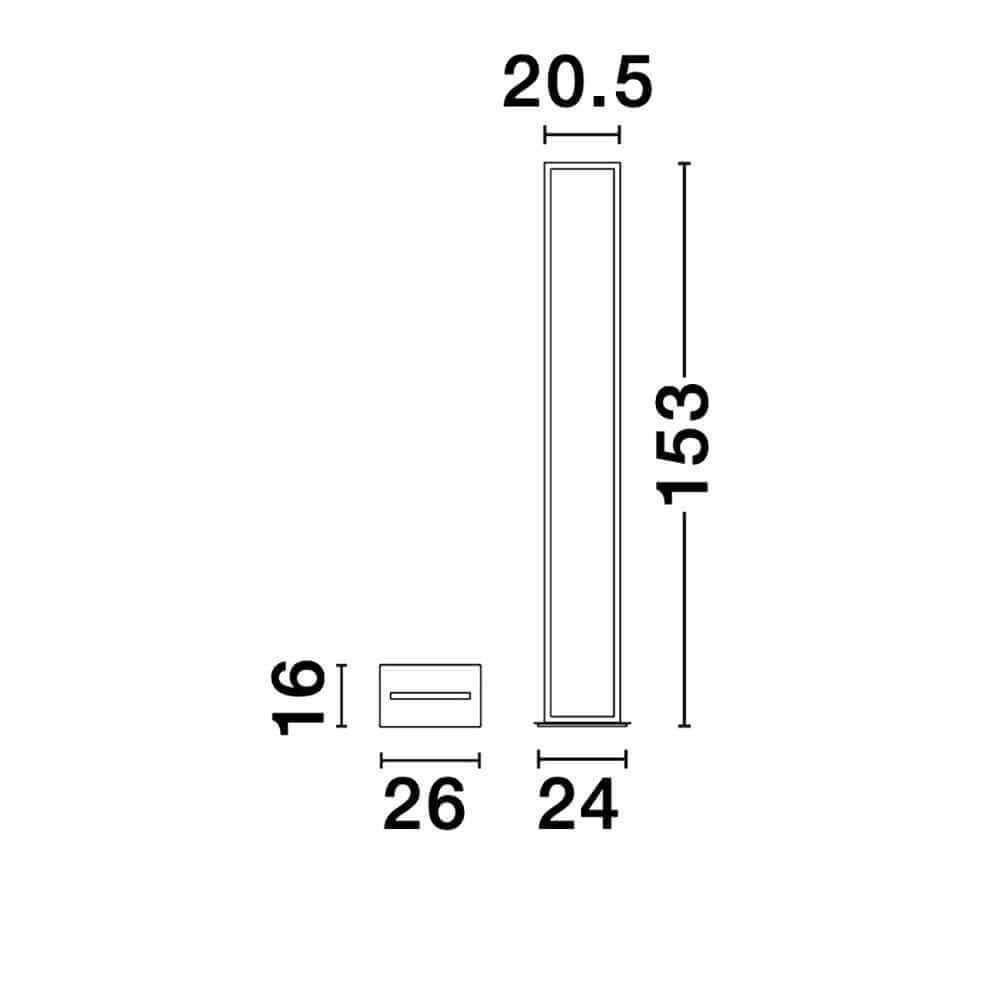 Maßzeichnung der Cornice LED Stehleuchte 153cm Schwarz, zeigt Abmessungen in cm.