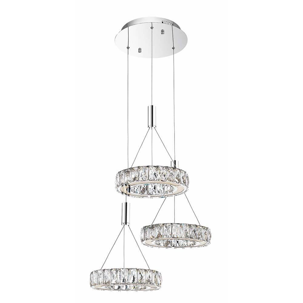 Corona LED Kristall Hängeleuchte mit drei runden Kristallringen und moderner Chromoberfläche.