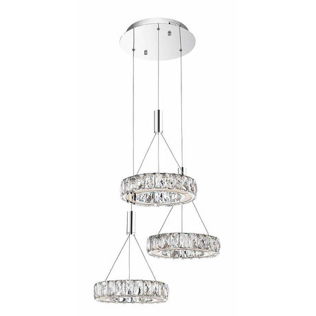 Corona LED krystallpendellampe med tre runde krystallringer og moderne kromoverflate.