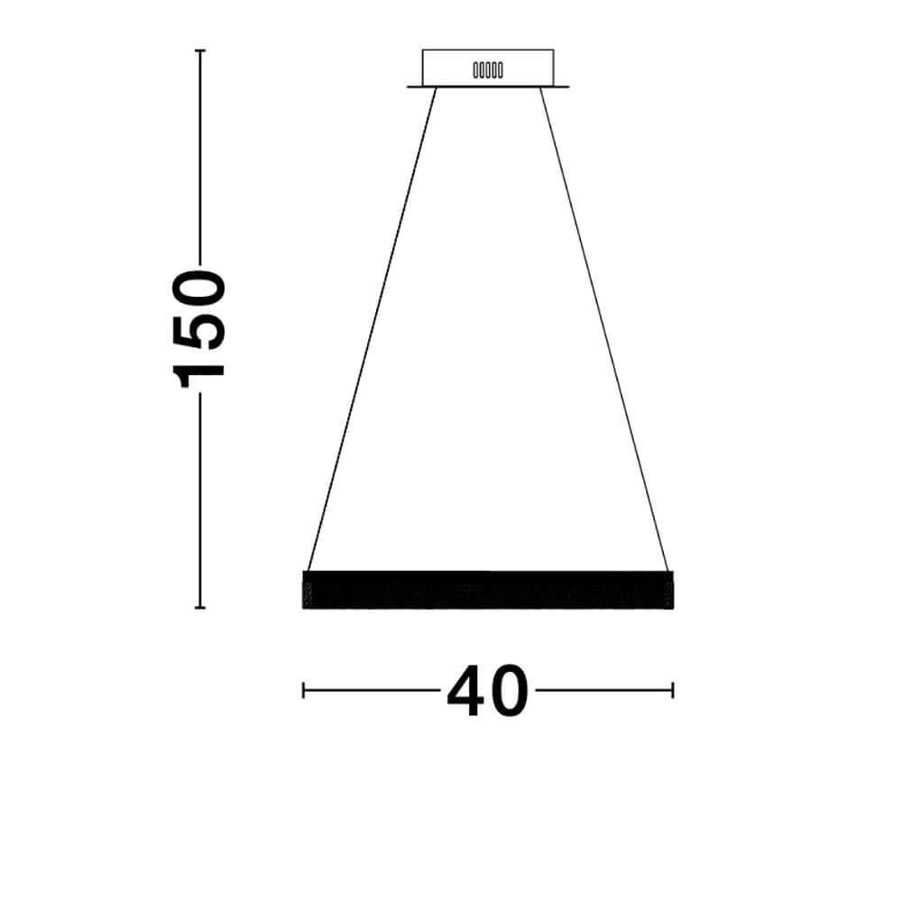 Technische Zeichnung der Courtez LED Hängeleuchte Gold mit Maßen 150 cm Höhe und 40 cm Breite.