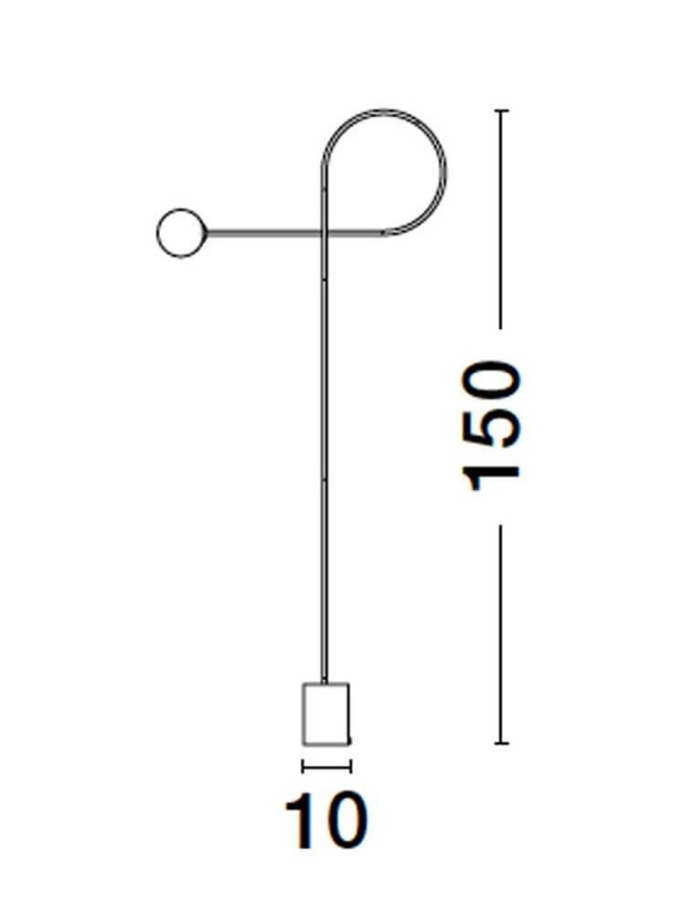 Dedalo Stehlampe Schwarz Glas Opal technische Zeichnung mit Abmessungen 150 cm Höhe und 10 cm Breite.