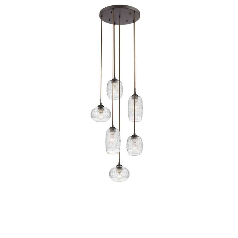 Devon Glas-Hängelampe 6-flg. Aufhängung mit fünf gläsernen Lampenschirmen und modernem Design.