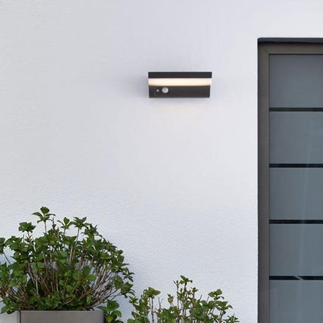 Dyn wall solar light with motion sensor on a wall next to green plants.