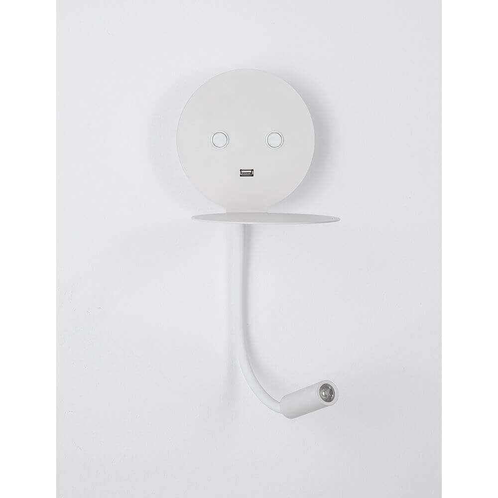 Eclip LED Wandlampe mit USB, moderne Wandleuchte mit Ablage und verstellbarem Strahler in Weiß.