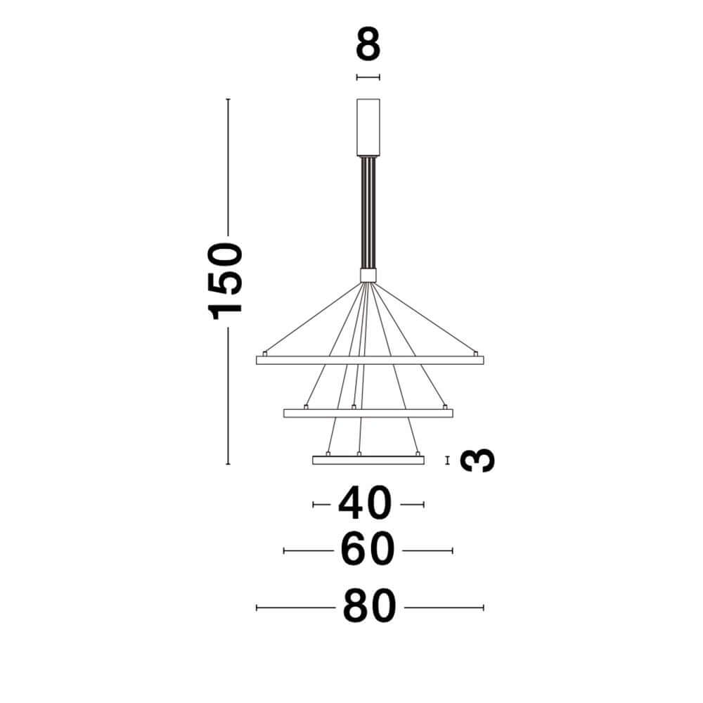 Technische Zeichnung der Empatia LED Hängelampe 3 Ringe mit Abmessungen und Montageanleitungen.