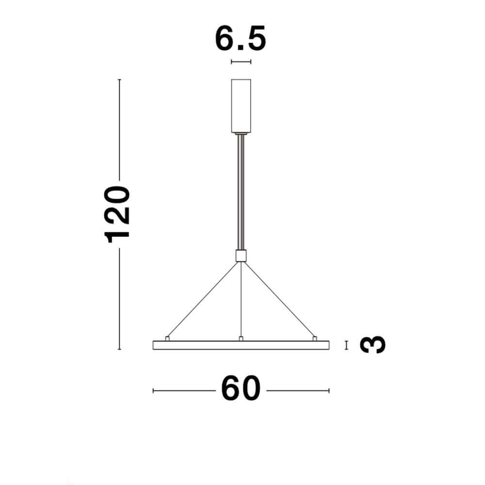 Empatia LED Hängelampe Schwarz Dimmbar - technische Zeichnung mit Maßen 60x3 cm, Höhe 120 cm, Baldachin 6,5 cm