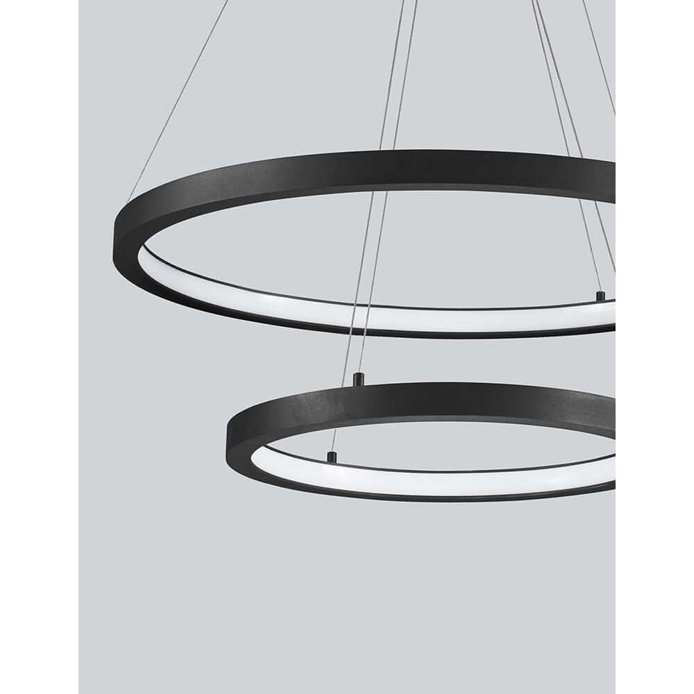 Empatia LED Hängeleuchte Ø 60cm 2 Ringe – modernes schwarzes Doppelring-Pendelleuchte aus Aluminium mit integriertem 60W LED 3000K für Wohnzimmer/Esstisch