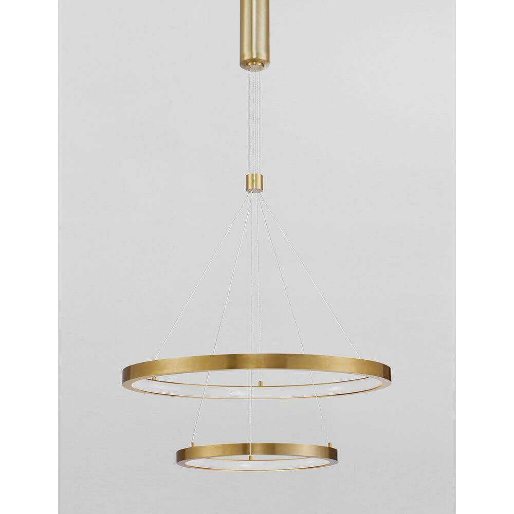 Alt Tag: Empatia LED Hängeleuchte Ø 60cm 2 Ringe goldene Doppelring-Pendelleuchte, minimalistisches Aluminium-Design, warmweißes LED-Licht 3000K