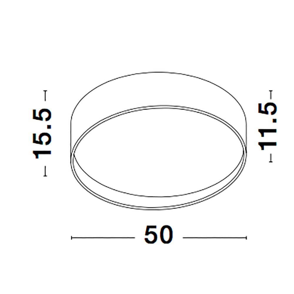 Technische Zeichnung der Fano LED Deckenlampe Weiß mit den Abmessungen 50 cm, 15.5 cm, 11.5 cm.