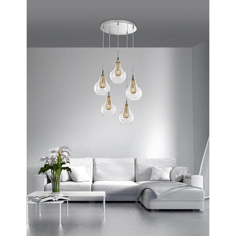 Filo Hängelampe 5-flammig Glas Aufhängung mit eleganten Glaslampenschirmen und modernem Design im Wohnzimmer.