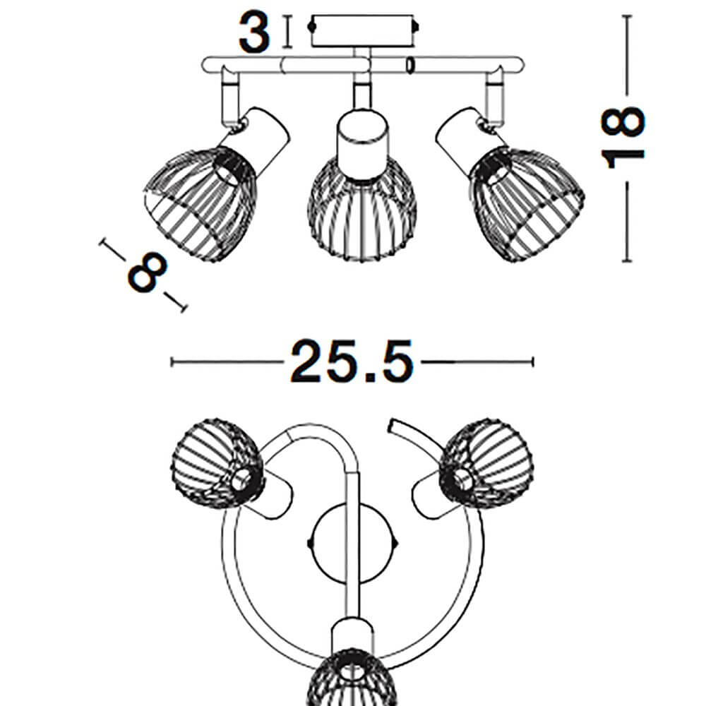 Fiumicino Deckenspot 3-flammig Schwarz Technische Zeichnung mit Maßen und Design-Details.
