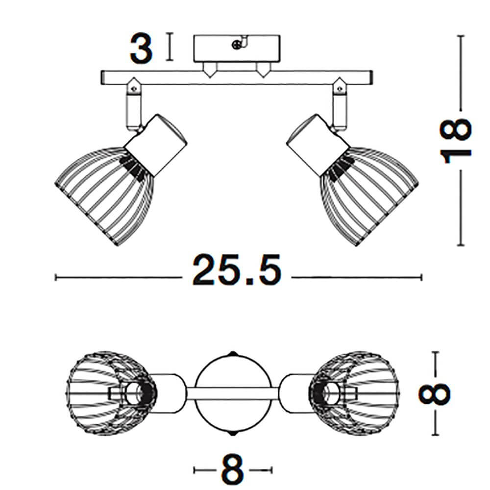 Technische Zeichnung des Fiumicino Deckenstrahler 2-flammig Metall mit Abmessungen und Design.