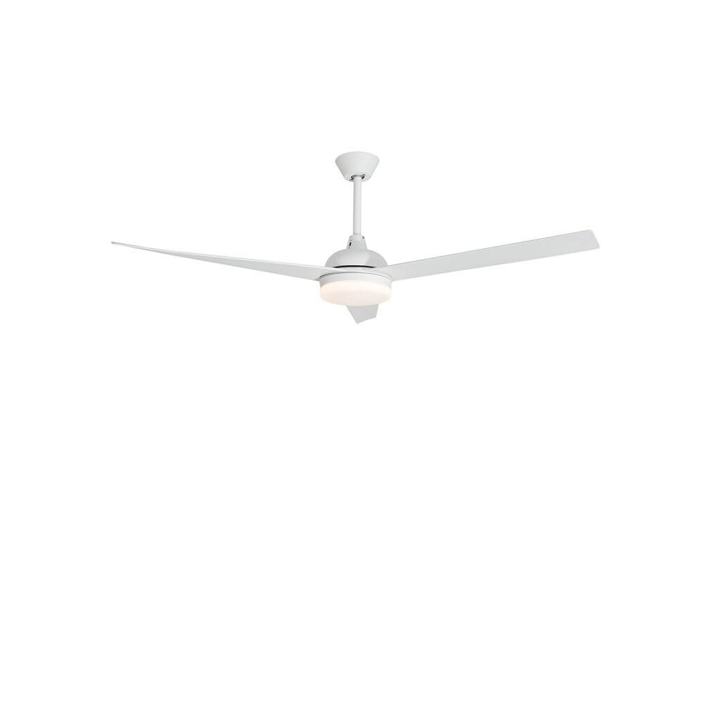 Flow LED Stahl-Ventilator Matt Weiß mit drei Flügeln und milchiger Acrylabdeckung für modernes Wohndesign.