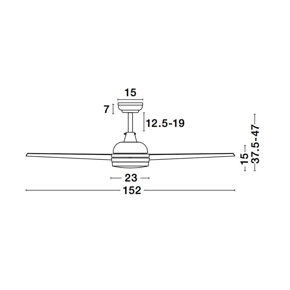 Flow LED Stahl-Ventilator Matt Weiß Maßzeichnung mit Abmessungen der Deckenventilatoren-Komponenten.