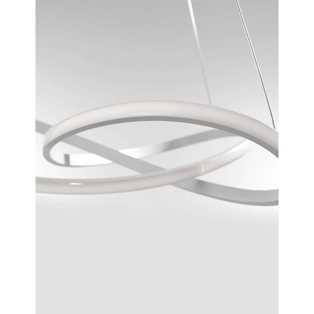 Fusion LED Hängeleuchte Metall Acryl – moderne weiße LED-Pendelleuchte aus Aluminium und Acryl, geschwungene Ringe über dem Esstisch