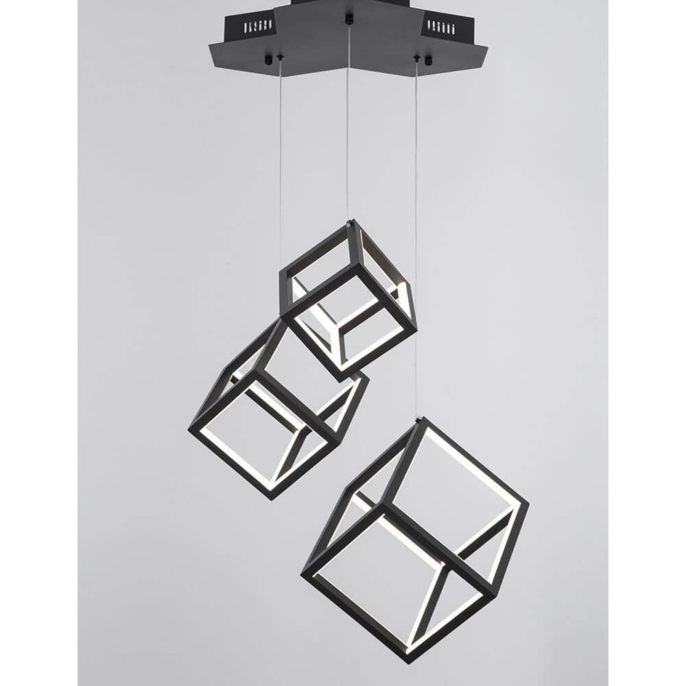 Gabbia LED Hängelampe 3 Würfel in modernem Design aus Aluminium und Silikon in Schwarz.