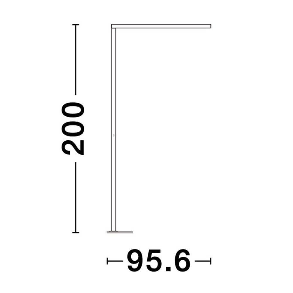 Technische Zeichnung der Gal Büro Arbeitsplatzleuchte Stehleuchte LED Dimmbar mit Abmessungen 200 cm Höhe und 95.6 cm Breite.