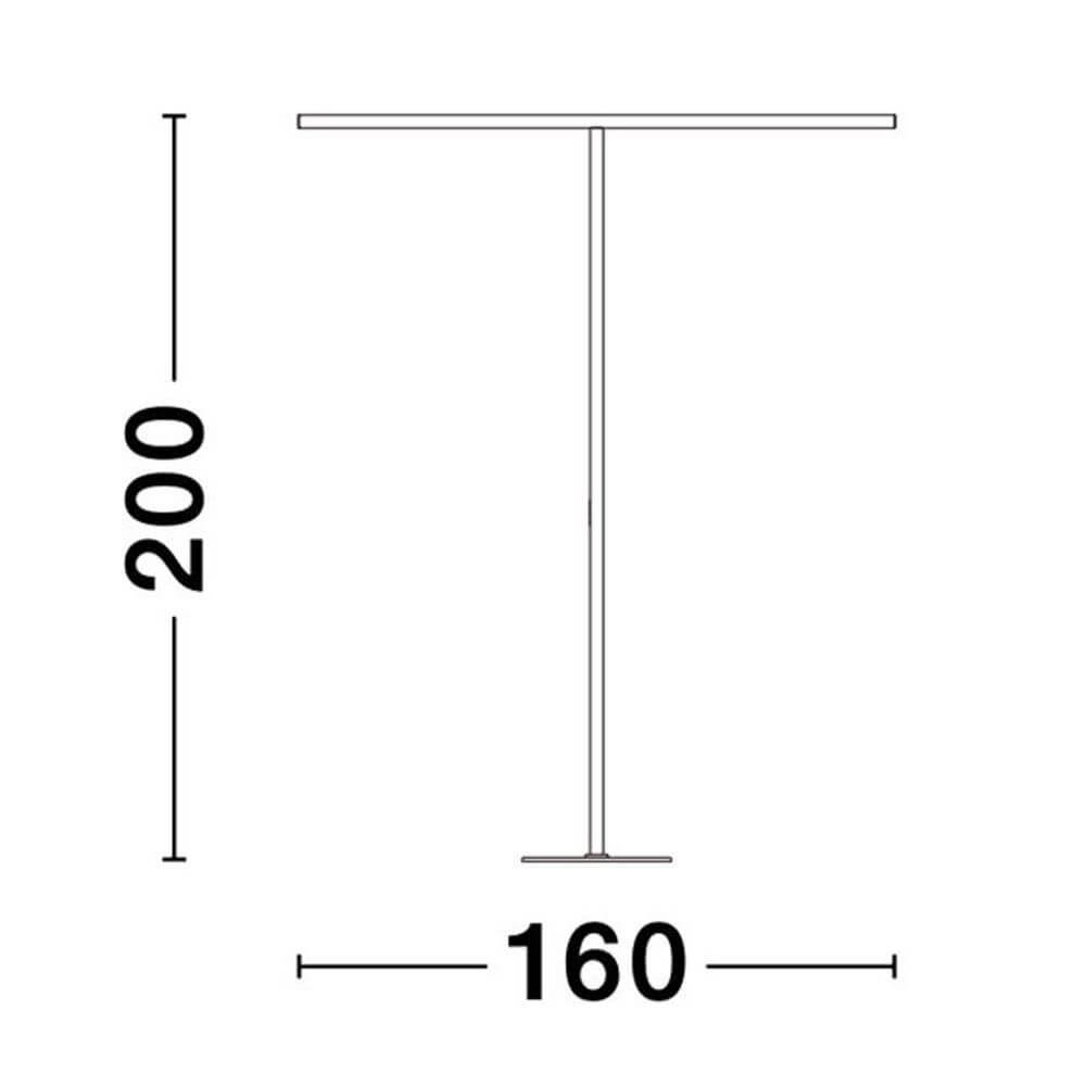 Maßzeichnung der Gal Büro Arbeitsplatzleuchte Stehleuchte LED Dimmbar mit Abmessungen 200 cm Höhe und 160 cm Breite.