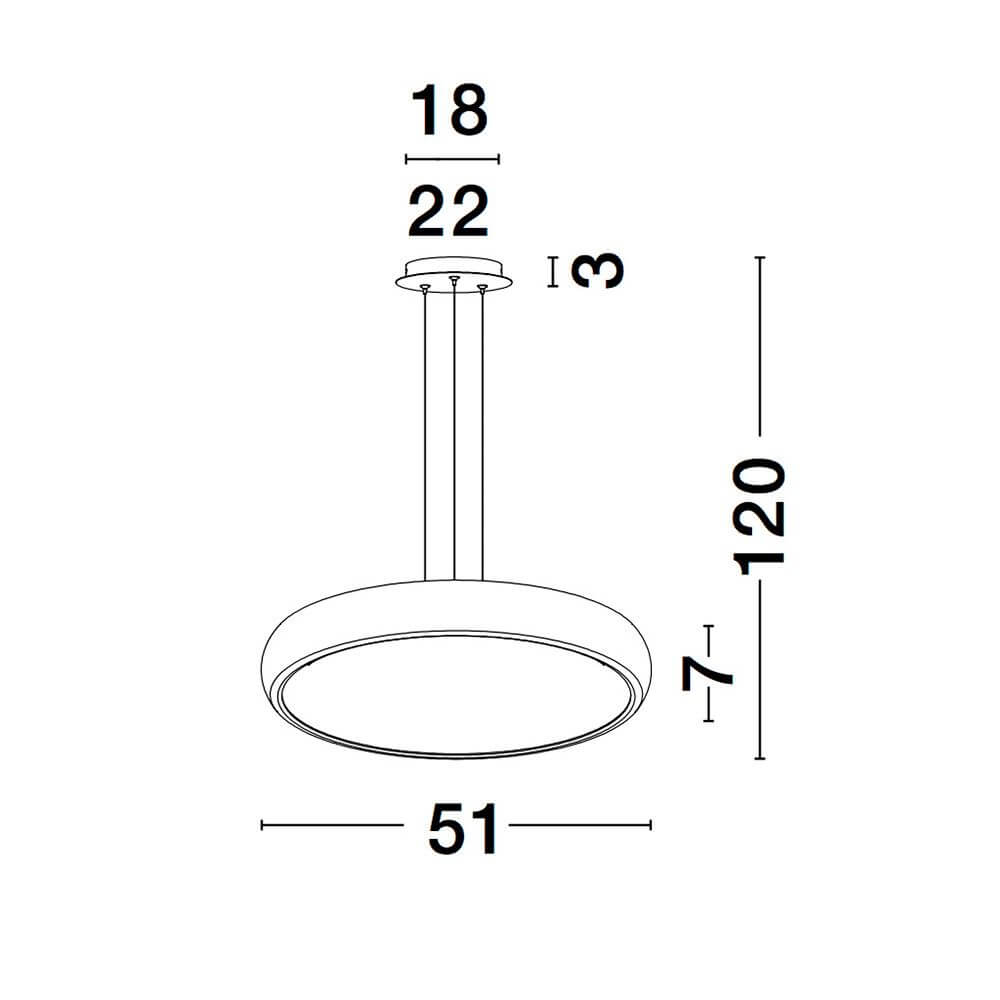 Maßzeichnung der Gap LED Hängelampe, Ø 51cm, mit Abmessungen 18cm, 22cm, 3cm und 120cm Höhe.