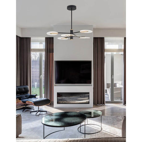 Genti LED-hengelampe svart, gull i moderne stue over et bord.