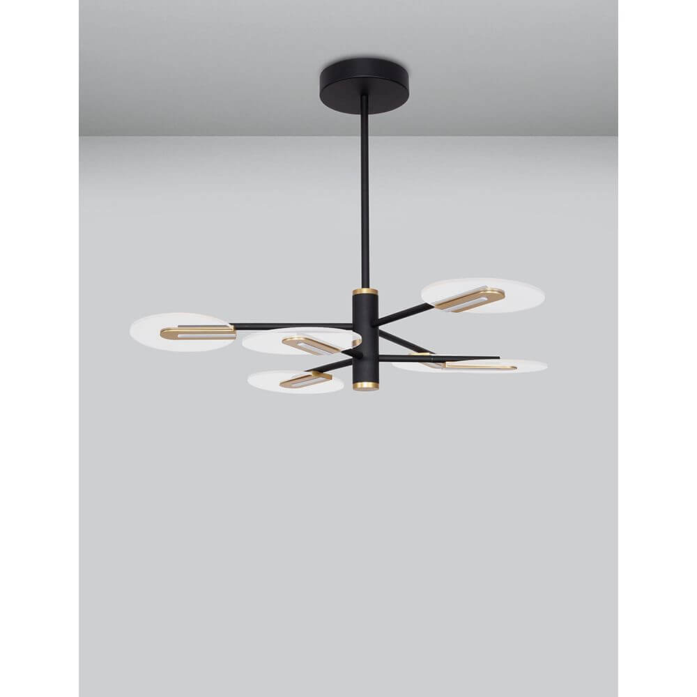 Genti LED Hängelampe Schwarz, Gold mit modernen Aluminium- und Acrylelementen für stilvolle Beleuchtung.