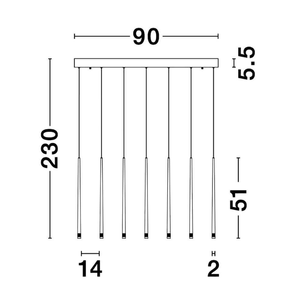 Giono LED Pendelleuchte Schwarz Maßzeichnung mit Abmessungen von 90 cm Breite und 230 cm Höhe.