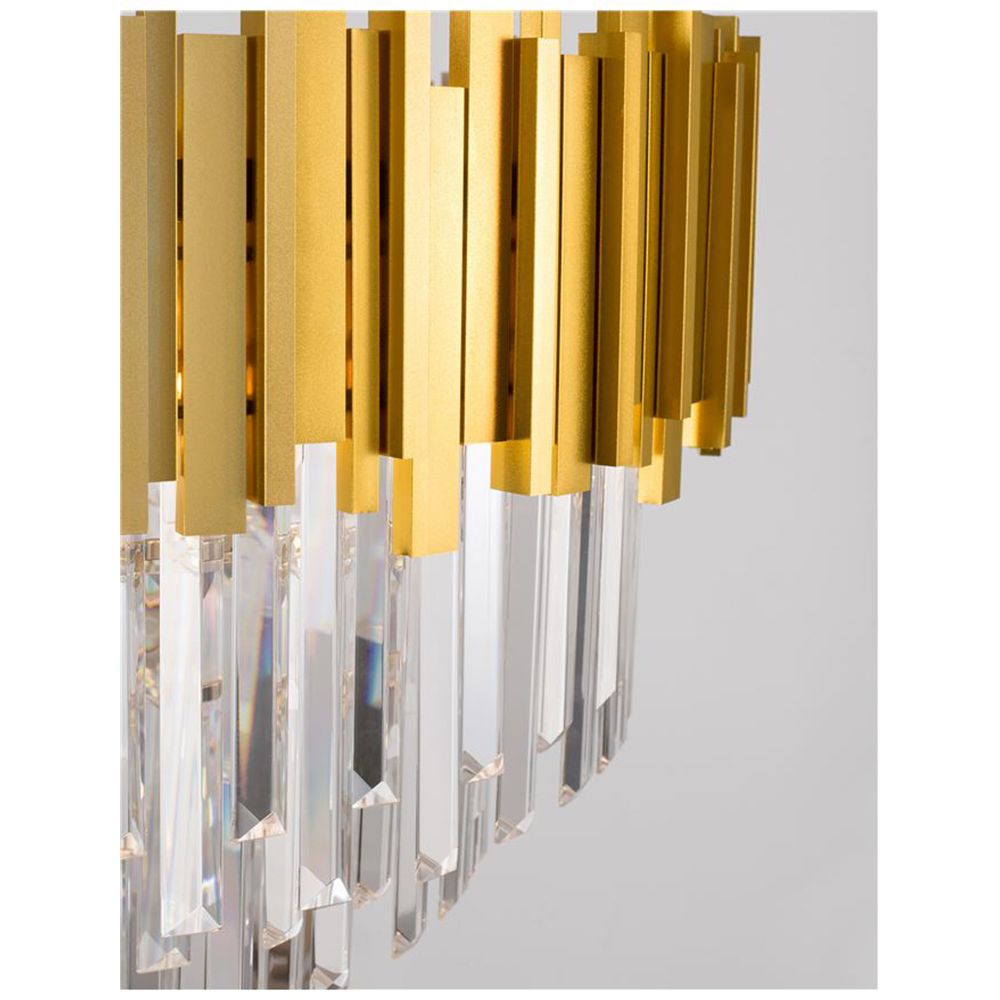 Eleganter Grane Kristall-Kronleuchter in Gold mit rechteckigen Prismen und 12 Lichtquellen.