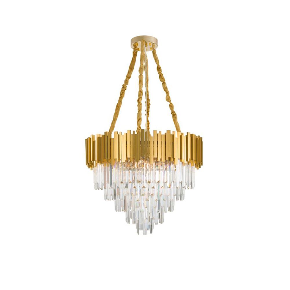 Eleganter 12-flammiger Kristall-Kronleuchter in Gold mit rechteckigen Prismen für stilvolle Innenräume.