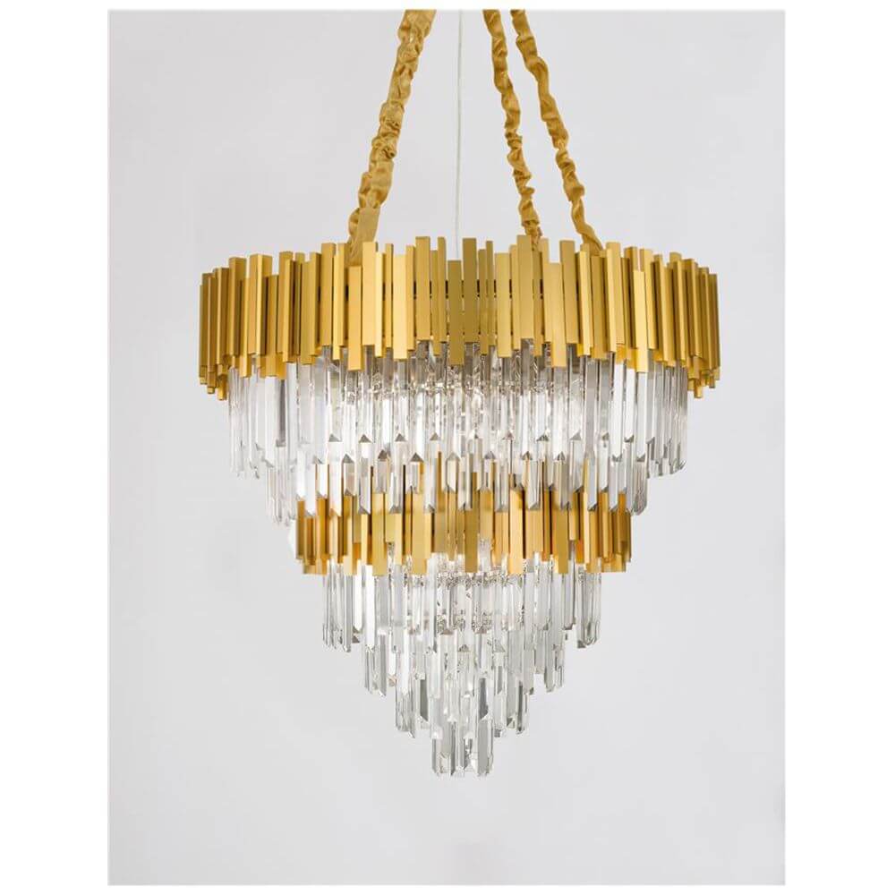 Grane Kristall Kronleuchter 20-flg. Gold mit eleganter goldener Metallrahmen und klaren Kristall-Prismen.