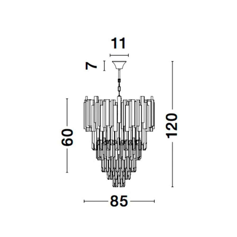 Grane Kristall Kronleuchter 20-flg. Gold technische Zeichnung und Abmessungen.