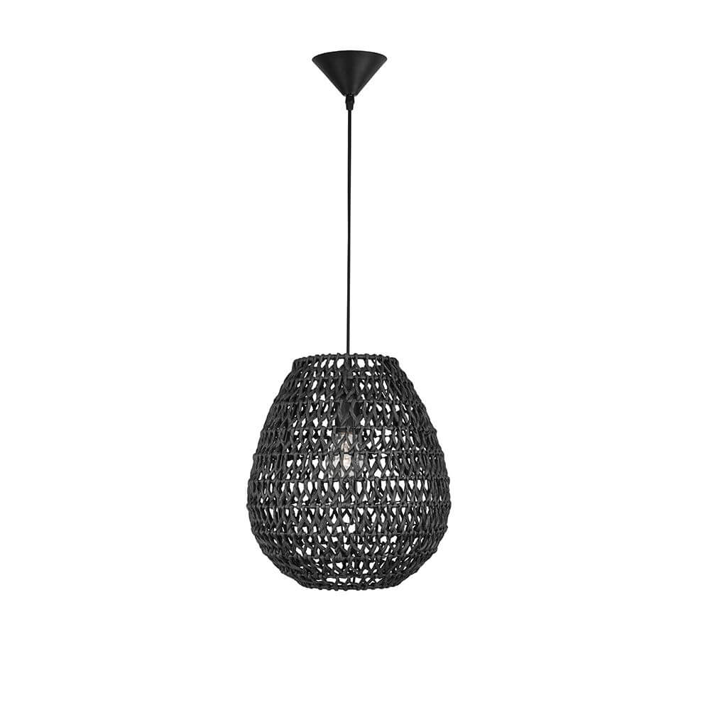 Griffin Papier-Hängeleuchte Schwarz mit geflochtenem Papier-Rattan im eleganten Schwarz für modernes Wohndesign.