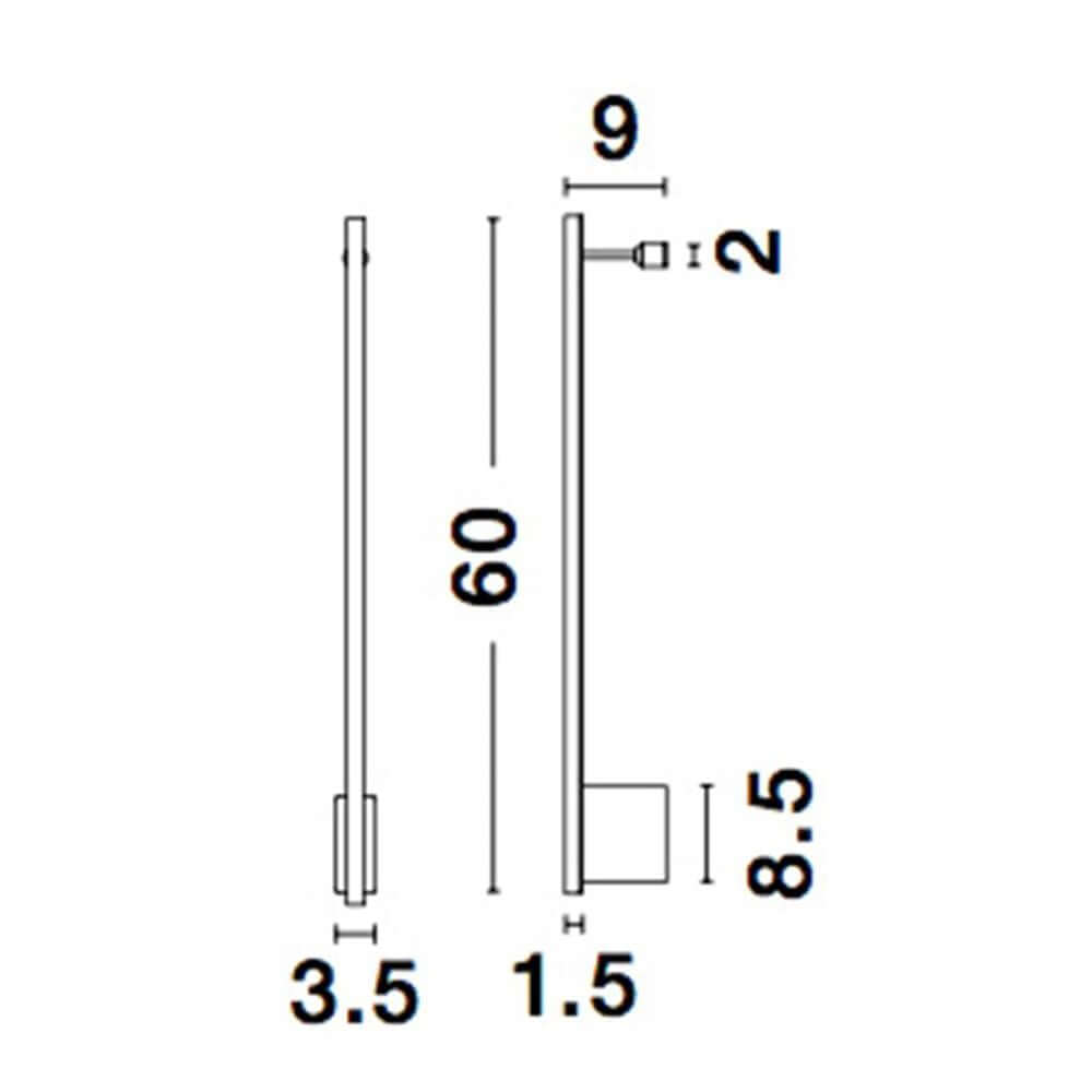 Maßzeichnung der Gropius LED Wandleuchte 60cm Schwarz mit Angaben zu Höhe, Breite und Tiefe.